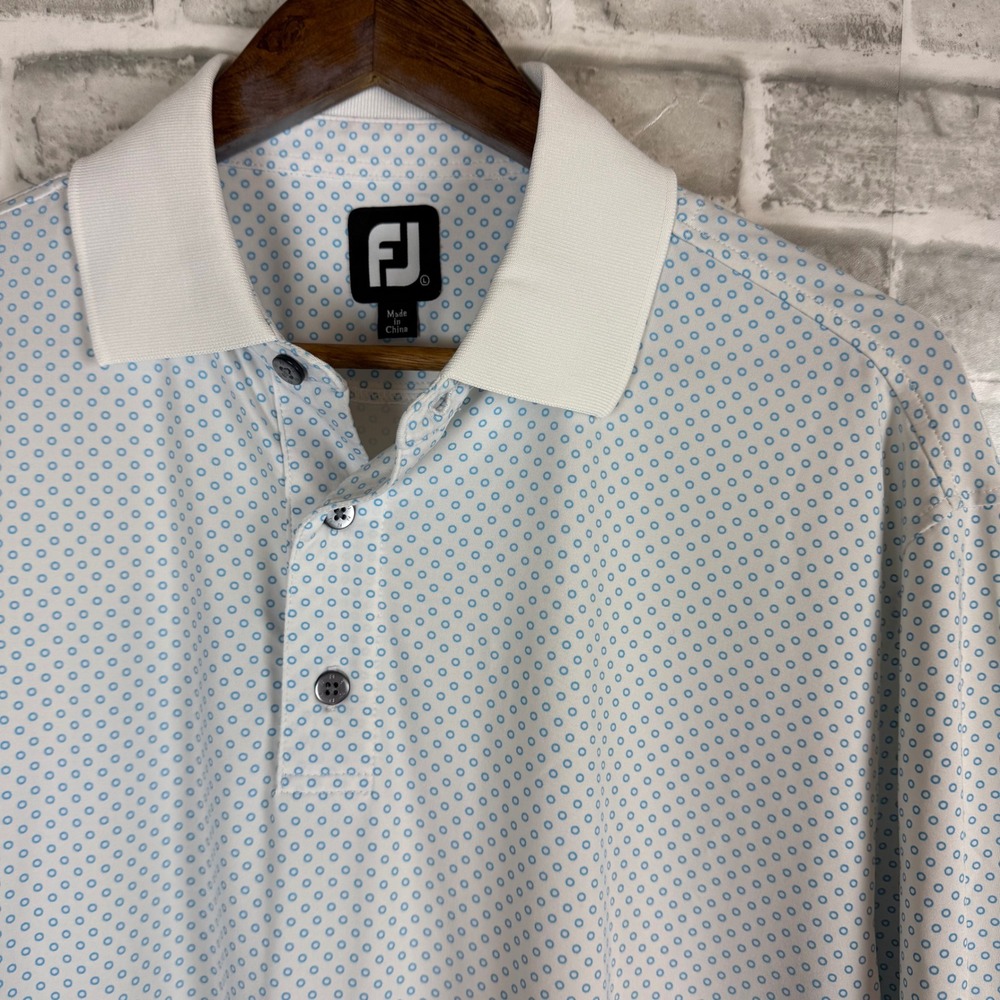 FootJoy Men Golf Polo Shirt White Blue Geometric Circle Print Short Sleeve LARGE